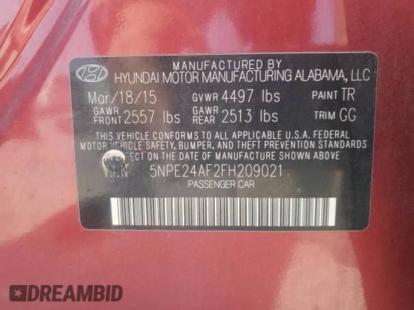 2015 Hyundai Sonata SE с VIN 5NPE24AF2FH209021, выставлен на аукционе Copart как лот 84565545 с пробегом Не указан миль и На запчасти • Non repairable. История ставок и продаж доступна на DreamBid. Изображение 12.