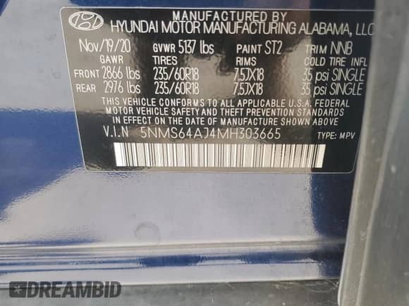 2021 Hyundai Santa Fe SEL with VIN 5NMS64AJ4MH303665, listed as a Copart auction lot 66020185 with 71,325 mi miles and Salvage title. Bid and sale history available at DreamBid. Image 13.