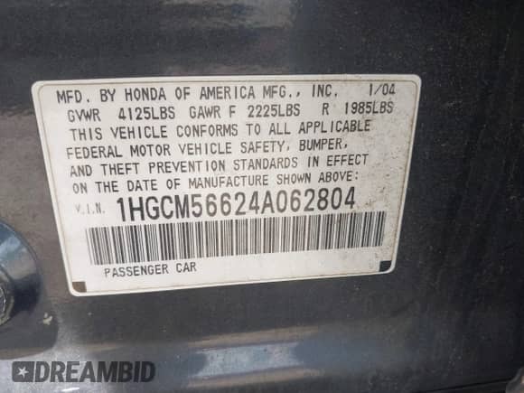 2004 Honda Accord EX with VIN 1HGCM56624A062804, listed as a IAAI auction lot 42750140 with 166,906 mi miles and . Bid and sale history available at DreamBid. Image 9.