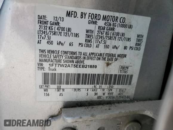 2014 Ford F-250 XL с VIN 1FT7W2AT5EEB21859, выставлен на аукционе Copart как лот 70903005 с пробегом 226 934 миль миль и Списание • Salvage title. История ставок и продаж доступна на DreamBid. Изображение 12.