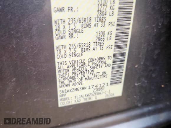 2017 Nissan Murano SL with VIN 5N1AZ2MG3HN174121, listed as a Copart auction lot 61374665 with 80,389 mi miles and Clean title. Bid and sale history available at DreamBid. Image 12.