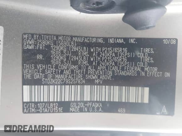 2009 Toyota Sienna XLE with VIN 5TDZK22C79S257834, listed as a IAAI auction lot 43212146 with 184,750 mi miles and . Bid and sale history available at DreamBid. Image 9.