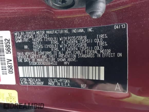 2013 Toyota Sienna XLE with VIN 5TDDK3DC8DS064632, listed as a IAAI auction lot 43445052 with 123,676 mi miles and . Bid and sale history available at DreamBid. Image 9.