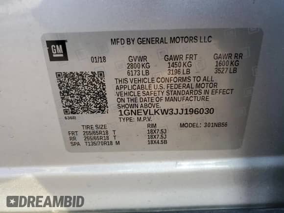 2018 Chevrolet Traverse LS with VIN 1GNEVLKW3JJ196030, listed as a Copart auction lot 84103714 with 108,762 mi miles and Salvage title. Bid and sale history available at DreamBid. Image 13.