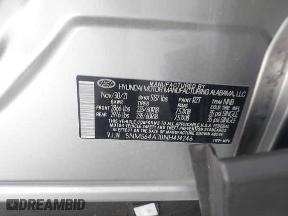 2022 Hyundai Santa Fe XRT с VIN 5NMS64AJ0NH414246, выставлен на аукционе IAAI как лот 43402743 с пробегом 30 610 миль миль и . История ставок и продаж доступна на DreamBid. Изображение 9.