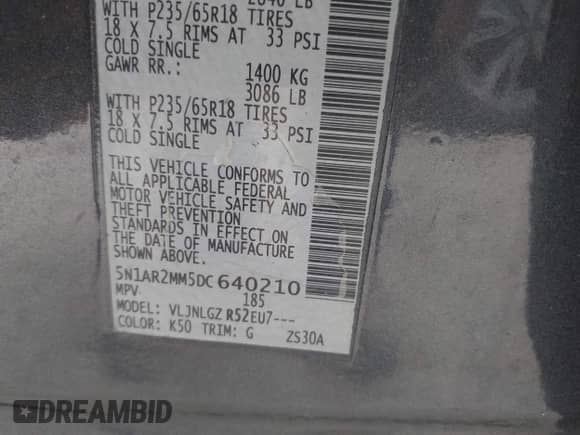 2013 Nissan Pathfinder SV z VIN 5N1AR2MM5DC640210, wystawiony jako IAAI lot #43039050 z przebiegiem 122 971 mil mil oraz . Historia ofert i sprzedaży dostępna na DreamBid. Obrazek 9.