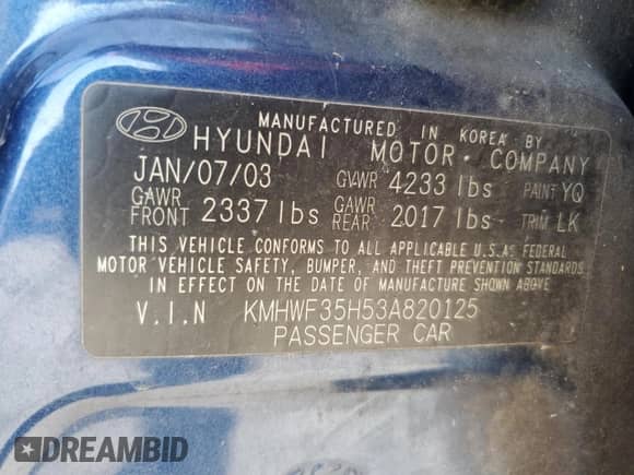 2003 Hyundai Sonata GLS z VIN KMHWF35H53A820125, wystawiony jako Copart lot #70974184 z przebiegiem 173 622 mil mil oraz Szkoda całkowita • Salvage title. Historia ofert i sprzedaży dostępna na DreamBid. Obrazek 12.