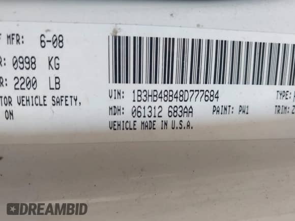 2008 Dodge Caliber SXT with VIN 1B3HB48B48D777684, listed as a IAAI auction lot 43072494 with 186,785 mi miles and . Bid and sale history available at DreamBid. Image 9.