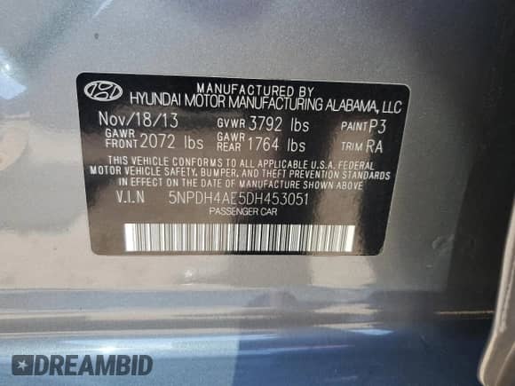 2013 Hyundai Elantra Limited z VIN 5NPDH4AE5DH453051, wystawiony jako Copart lot #80692415 z przebiegiem Nie podano mil oraz Szkoda całkowita • Salvage title. Historia ofert i sprzedaży dostępna na DreamBid. Obrazek 12.