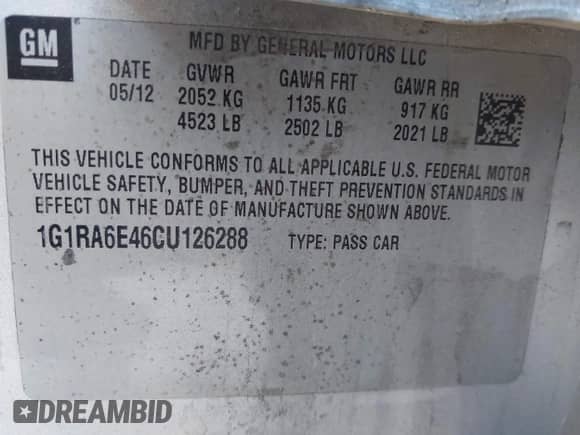 2012 Chevrolet Volt with VIN 1G1RA6E46CU126288, listed as a IAAI auction lot 43571985 with 206,340 mi miles and . Bid and sale history available at DreamBid. Image 9.