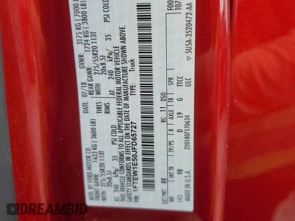 2018 Ford F-150 XL z VIN 1FTEW1E50JFD65727, wystawiony jako Copart lot #68328785 z przebiegiem 84 350 mil mil oraz Szkoda całkowita • Salvage title. Historia ofert i sprzedaży dostępna na DreamBid. Obrazek 12.