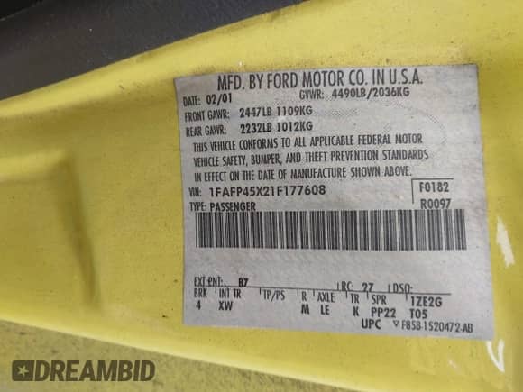2001 Ford Mustang GT Deluxe with VIN 1FAFP45X21F177608, listed as a IAAI auction lot 43175543 with 152,738 mi miles and . Bid and sale history available at DreamBid. Image 9.