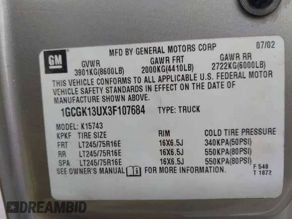 2003 Chevrolet Silverado 1500HD LS с VIN 1GCGK13UX3F107684, выставлен на аукционе IAAI как лот 42202674 с пробегом Не указан миль и . История ставок и продаж доступна на DreamBid. Изображение 9.