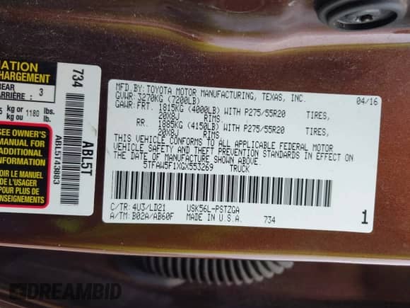 2016 Toyota Tundra Platinum с VIN 5TFAW5F1XGX553269, выставлен на аукционе IAAI как лот 43208533 с пробегом 65 144 миль миль и . История ставок и продаж доступна на DreamBid. Изображение 9.