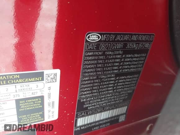 2022 Land Rover Range Rover Sport HST with VIN SALWS2RU9NA208880, listed as a IAAI auction lot 43139537 with 33,198 mi miles and . Bid and sale history available at DreamBid. Image 9.