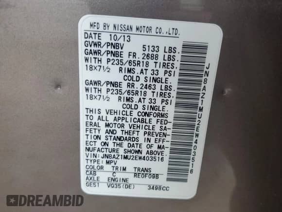 2014 Nissan Murano SV with VIN JN8AZ1MU2EW403516, listed as a Copart auction lot 80005205 with 112,444 mi miles and Salvage title. Bid and sale history available at DreamBid. Image 13.