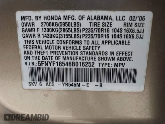 2006 Honda Pilot EX-L с VIN 5FNYF18546B016252, выставлен на аукционе IAAI как лот 43414474 с пробегом 162 166 миль миль и . История ставок и продаж доступна на DreamBid. Изображение 9.