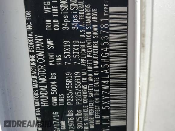 2017 Hyundai Santa Fe Ultimate с VIN 5XYZW4LA5HG453781, выставлен на аукционе Copart как лот 70626395 с пробегом 146 042 миль миль и Списание • Salvage title. История ставок и продаж доступна на DreamBid. Изображение 12.