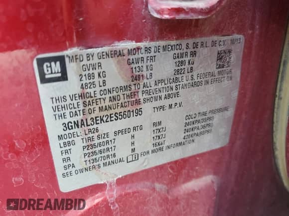 2014 Chevrolet Captiva Sport LT с VIN 3GNAL3EK2ES560195, выставлен на аукционе Copart как лот 71759464 с пробегом 102 280 миль миль и Чистый • Clean title. История ставок и продаж доступна на DreamBid. Изображение 13.