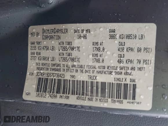 2007 Dodge 1500 SLT z VIN 3D7KR19D57G736423, wystawiony jako IAAI lot #42145607 z przebiegiem 298 274 mil mil oraz . Historia ofert i sprzedaży dostępna na DreamBid. Obrazek 9.