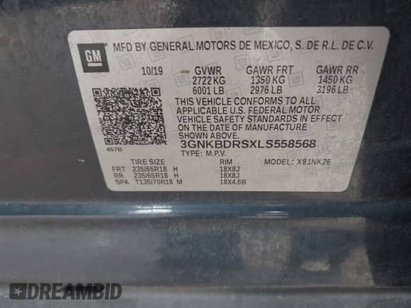 2020 Chevrolet Blazer LT with VIN 3GNKBDRSXLS558568, listed as a IAAI auction lot 42616955 with 134,945 mi miles and . Bid and sale history available at DreamBid. Image 9.