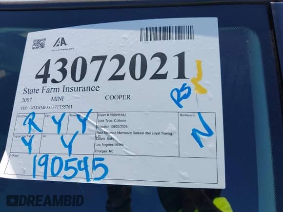 2007 MINI Hardtop with VIN WMWMF33537TT55761, listed as a IAAI auction lot 43072021 with 190,545 mi miles and . Bid and sale history available at DreamBid. Image 18.