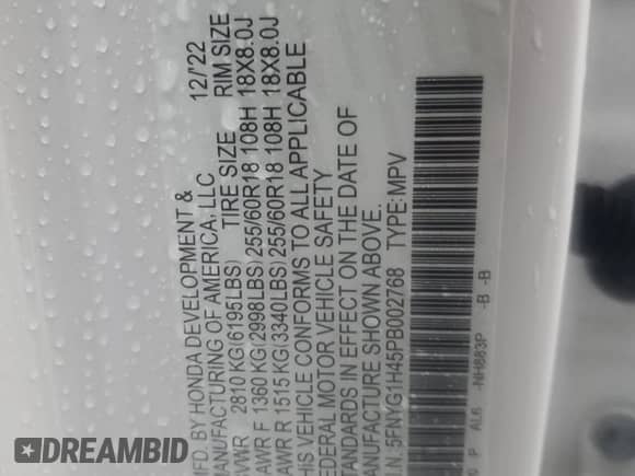 2023 Honda Pilot EX-L с VIN 5FNYG1H45PB002768, выставлен на аукционе Copart как лот 52014125 с пробегом 12 841 миль миль и Списание • Salvage title. История ставок и продаж доступна на DreamBid. Изображение 13.