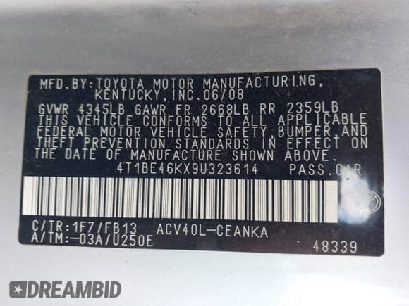 2009 Toyota Camry with VIN 4T1BE46KX9U323614, listed as a IAAI auction lot 43186269 with 185,156 mi miles and . Bid and sale history available at DreamBid. Image 9.