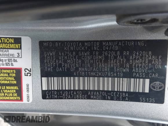 2019 Toyota Camry SE z VIN 4T1B11HK2KU785419, wystawiony jako IAAI lot #43286510 z przebiegiem 165 070 mil mil oraz . Historia ofert i sprzedaży dostępna na DreamBid. Obrazek 9.