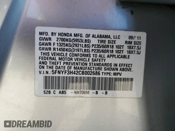 2012 Honda Pilot EX с VIN 5FNYF3H42CB002686, выставлен на аукционе Copart как лот 71124525 с пробегом 194 091 миль миль и Списание • Salvage title. История ставок и продаж доступна на DreamBid. Изображение 13.