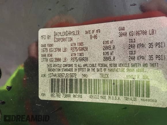 2007 Dodge 1500 SLT с VIN 1D7HA18267J515672, выставлен на аукционе IAAI как лот 43449784 с пробегом Не указан миль и . История ставок и продаж доступна на DreamBid. Изображение 9.