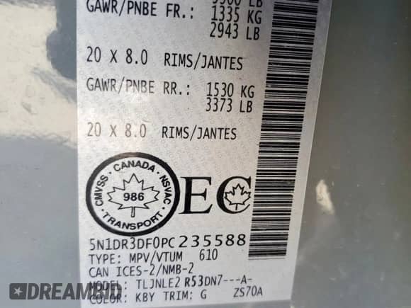 2023 Nissan Pathfinder Platinum with VIN 5N1DR3DF0PC235588, listed as a Copart auction lot 62595425 with Not provided miles and Salvage title. Bid and sale history available at DreamBid. Image 14.