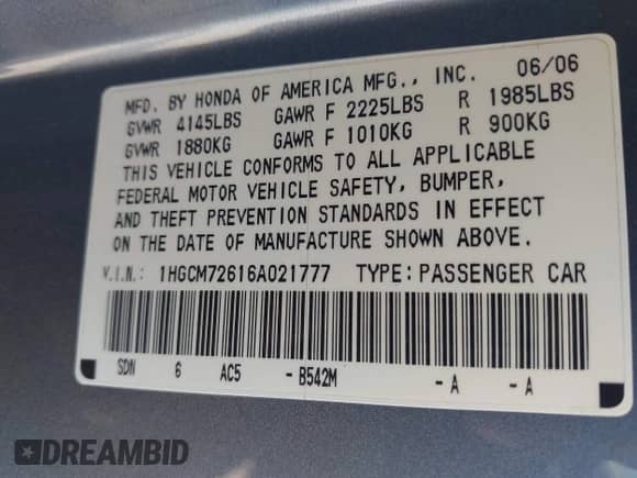 2006 Honda Accord EX-L z VIN 1HGCM72616A021777, wystawiony jako IAAI lot #42608108 z przebiegiem 176 349 mil mil oraz . Historia ofert i sprzedaży dostępna na DreamBid. Obrazek 9.