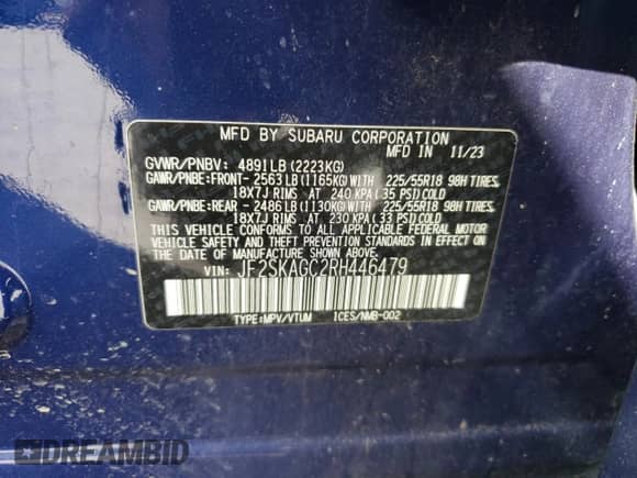 2024 Subaru Forester Special Sports z VIN JF2SKAGC2RH446479, wystawiony jako Copart lot #63855815 z przebiegiem Nie podano mil oraz Nie do naprawy • Non repairable. Historia ofert i sprzedaży dostępna na DreamBid. Obrazek 13.