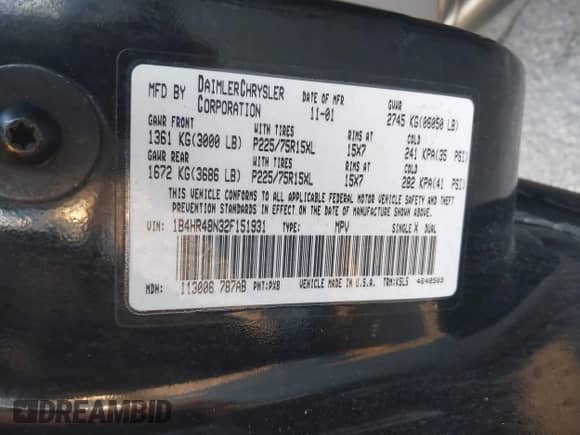 2002 Dodge Durango SLT with VIN 1B4HR48N32F151931, listed as a IAAI auction lot 41760061 with Not provided miles and . Bid and sale history available at DreamBid. Image 9.