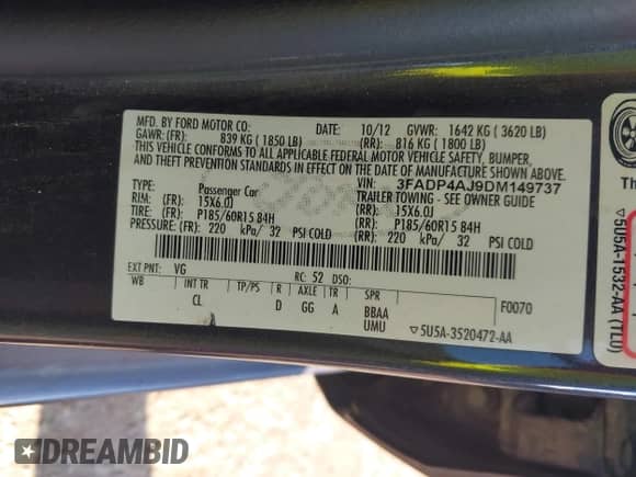 2013 Ford Fiesta S with VIN 3FADP4AJ9DM149737, listed as a IAAI auction lot 43043861 with 88,231 mi miles and . Bid and sale history available at DreamBid. Image 9.