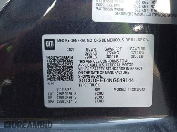 2022 Chevrolet Silverado 1500 RST with VIN 3GCUDEET4NG549144, listed as a IAAI auction lot 42576301 with 78,762 mi miles and . Bid and sale history available at DreamBid. Image 9.