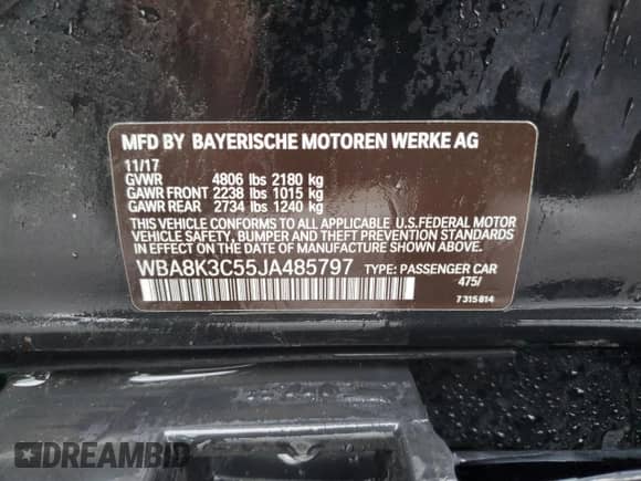 2018 BMW 3 Series 330i xDrive with VIN WBA8K3C55JA485797, listed as a Copart auction lot 59157725 with Not provided miles and Salvage title. Bid and sale history available at DreamBid. Image 13.