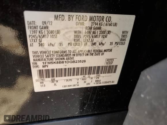 2013 Ford Explorer z VIN 1FM5K8B81DGB23526, wystawiony jako Copart lot #81890035 z przebiegiem 193 515 mil mil oraz Szkoda całkowita • Salvage title. Historia ofert i sprzedaży dostępna na DreamBid. Obrazek 13.