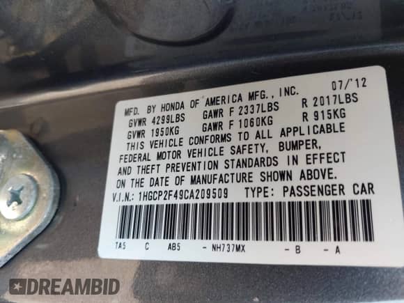 2012 Honda Accord LX Premium with VIN 1HGCP2F49CA209509, listed as a IAAI auction lot 42655908 with 131,676 mi miles and . Bid and sale history available at DreamBid. Image 9.