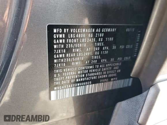 2013 Volkswagen Tiguan SE z VIN WVGAV3AXXDW606925, wystawiony jako Copart lot #64238585 z przebiegiem 131 779 mil mil oraz Szkoda całkowita • Salvage title. Historia ofert i sprzedaży dostępna na DreamBid. Obrazek 13.