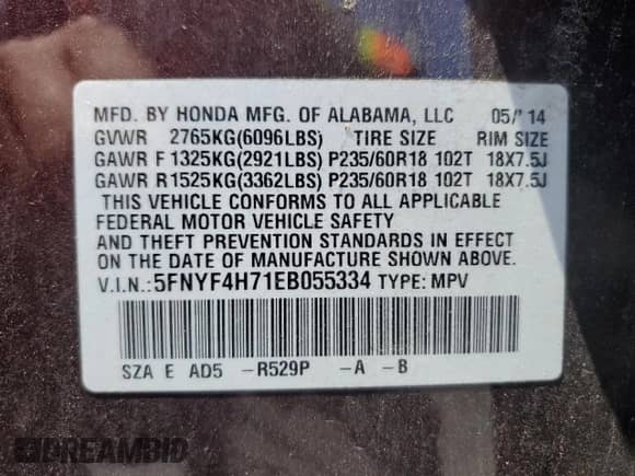 2014 Honda Pilot EX-L with VIN 5FNYF4H71EB055334, listed as a Copart auction lot 65711595 with 95,612 mi miles and Salvage title. Bid and sale history available at DreamBid. Image 13.
