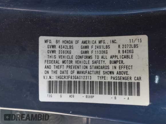 2016 Honda Accord EX-L z VIN 1HGCR3F83GA012313, wystawiony jako IAAI lot #43237969 z przebiegiem 159 877 mil mil oraz . Historia ofert i sprzedaży dostępna na DreamBid. Obrazek 9.