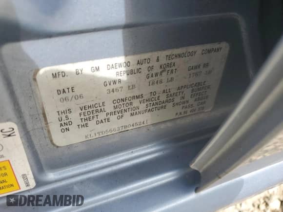 2007 Chevrolet Aveo LS z VIN KL1TD56637B045241, wystawiony jako Copart lot #71923664 z przebiegiem 152 333 mil mil oraz Szkoda całkowita • Salvage title. Historia ofert i sprzedaży dostępna na DreamBid. Obrazek 12.