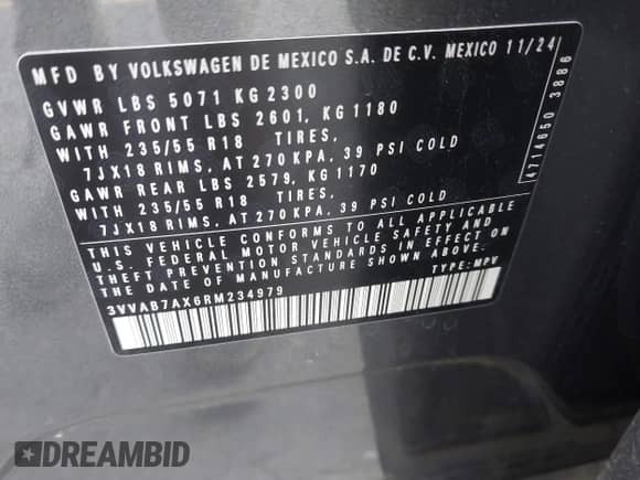 2024 Volkswagen Tiguan Wolfsburg Edition with VIN 3VVAB7AX6RM234979, listed as a IAAI auction lot 42991446 with 11,547 mi miles and . Bid and sale history available at DreamBid. Image 9.