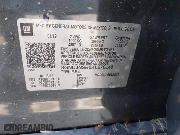 2019 Chevrolet Trax LS with VIN 3GNCJNSB0KL270140, listed as a IAAI auction lot 42297428 with 99,462 mi miles and . Bid and sale history available at DreamBid. Image 9.