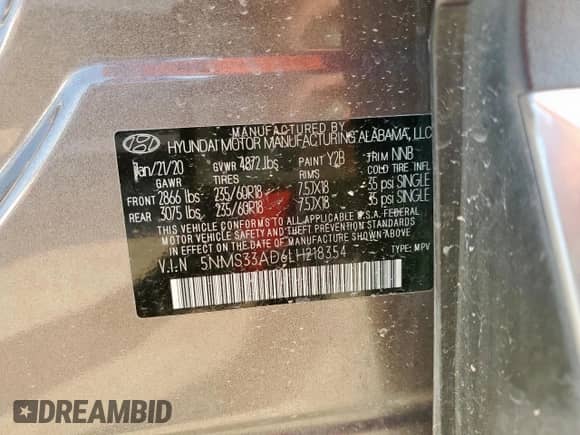 2020 Hyundai Santa Fe SEL z VIN 5NMS33AD6LH218354, wystawiony jako Copart lot #80384945 z przebiegiem Nie podano mil oraz Szkoda całkowita • Salvage title. Historia ofert i sprzedaży dostępna na DreamBid. Obrazek 14.