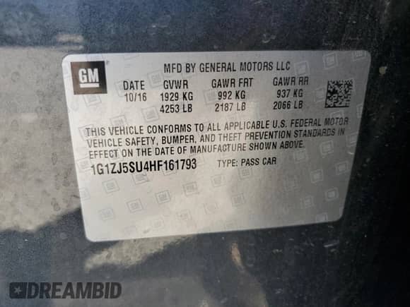 2017 Chevrolet Malibu Hybrid с VIN 1G1ZJ5SU4HF161793, выставлен на аукционе Copart как лот 66146735 с пробегом Не указан миль и Списание • Salvage title. История ставок и продаж доступна на DreamBid. Изображение 12.