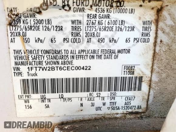 2012 Ford F-250 XL с VIN 1FT7W2BT6CEC00422, выставлен на аукционе Copart как лот 84918805 с пробегом 273 812 миль миль и Списание • Salvage title. История ставок и продаж доступна на DreamBid. Изображение 12.