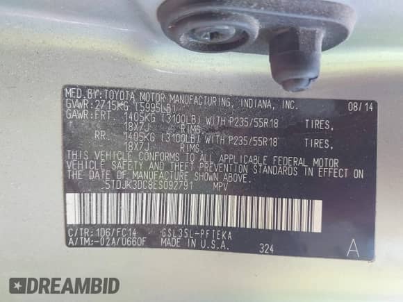 2014 Toyota Sienna LE z VIN 5TDJK3DC8ES092791, wystawiony jako IAAI lot #43256675 z przebiegiem 386 574 mil mil oraz . Historia ofert i sprzedaży dostępna na DreamBid. Obrazek 9.